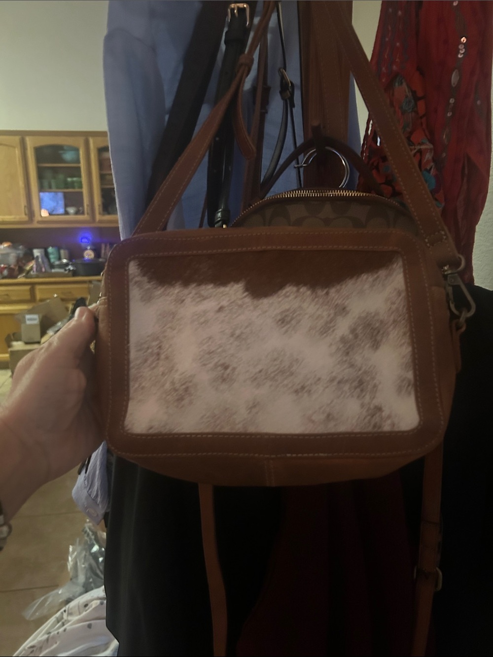 Brown Leather Crossbody Bag with White Cowhide Front Panel VGUC